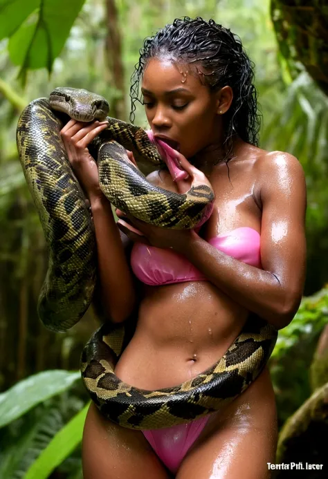  Topless pink thong  aroused horny beautiful  young ebony teen girl vs  Giant colossal anaconda   monster wrapped around her body squeezing her in coiled embrace cuddling and kissing  sexual erotic bestiality  sex  realistic in the rainforest snake tongue ...