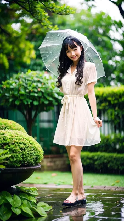 pretty girl、garden、Wet with rain