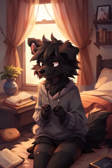  ((by reysi)),  Best quality, super detailed illustration, warm colors, Ideal lighting, (Fluffy boy dog:1.6), (Black fur:1.5) ,feminine face and body, disheveled thick gray hair, short shorts, long black stockings, Long-sleeved sweater, in a cosy room, smu...