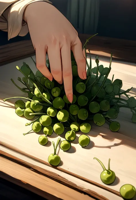 Peas neatly arranged on the table,Delicate stem tip,Refreshing,Artistic presentation,Natural vibrant colors,(best quality,4K,8K,high resolution,masterpiece:1.2),Extremely detailed,Practical:1.37,Close-up details,Texture green sprouts,Studio Lighting,Subtle...