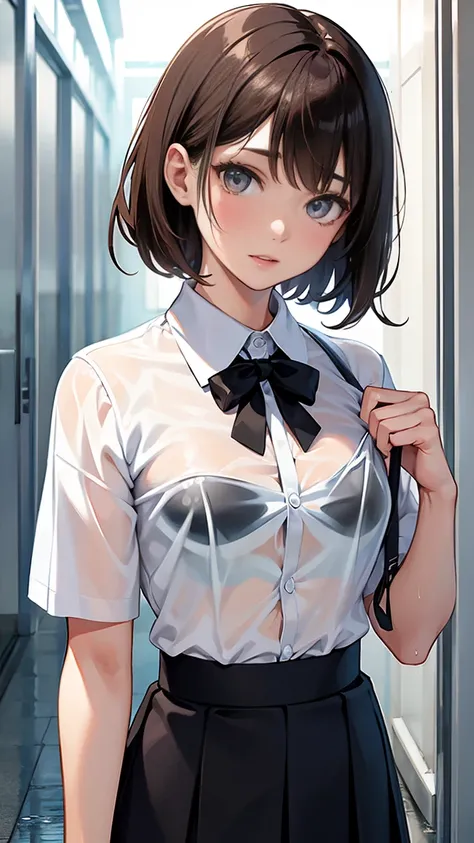 (One woman), short bob, 18 years old, Japanese, brown eyes, brown hair, slim figure, flat chest, high school girl, school summer uniform
Blake
Facial expression and background
Her whole body got wet from a sudden rain, and her blouse became transparent, gi...