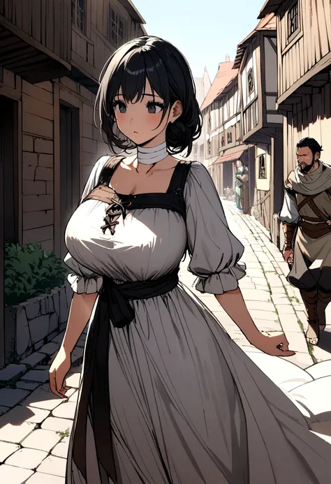 A girl with light skin, black eyes and black hair, wearing a medieval village dress with big breasts He wore bandages on her neck and arms.  walking through a town in a kingdom