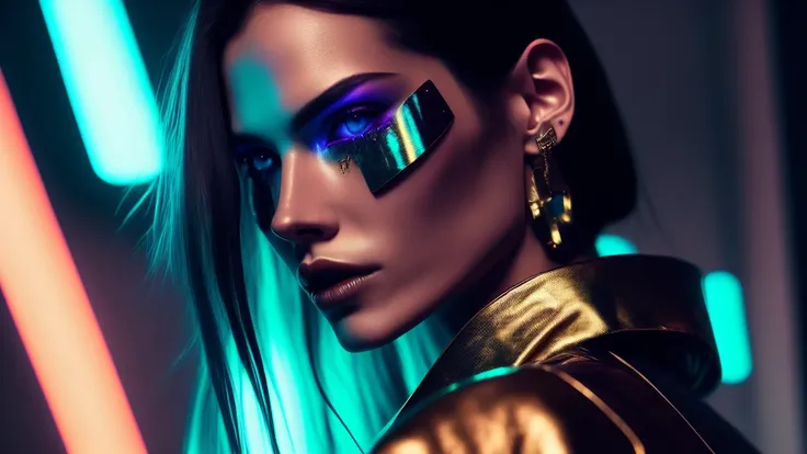 Cyberpunk style detailed medieval gothic portrait , futurist (neon :1.1)reflective wear, Sci-fi, robot partistrys, gold partistrys, machine face cinematic light, reflections, polished ef 50mm, ((artistry by Greg Rutkowsky)), (studio ghibli:1.1), artistryge...