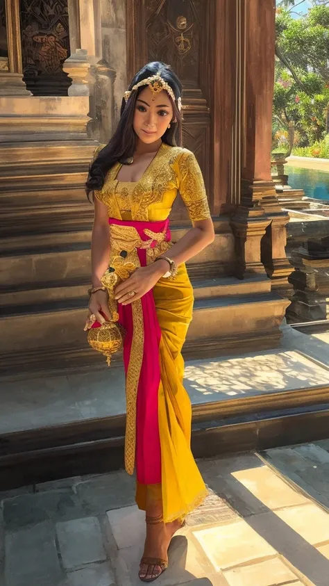 An image of a captivating Balinese girl, her radiant features illuminated by the golden light of the Majapahit palace, singing with soul-stirring passion amidst the ancient architecture, rendered in stunning detail and ultra-realistic 10k resolution, in th...