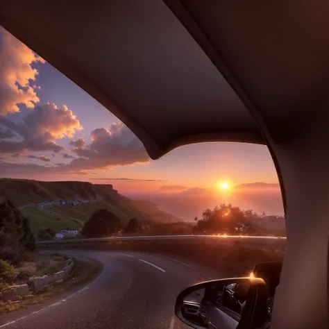 arafed view of a car driving down a winding road, sunset view, by Alexis Grimou, road to the sea, going forward to the sunset, viewed through the cars window, looking out at a sunset, shot on iphone 1 3 pro, taken on iphone 1 3 pro, landscape from a car wi...