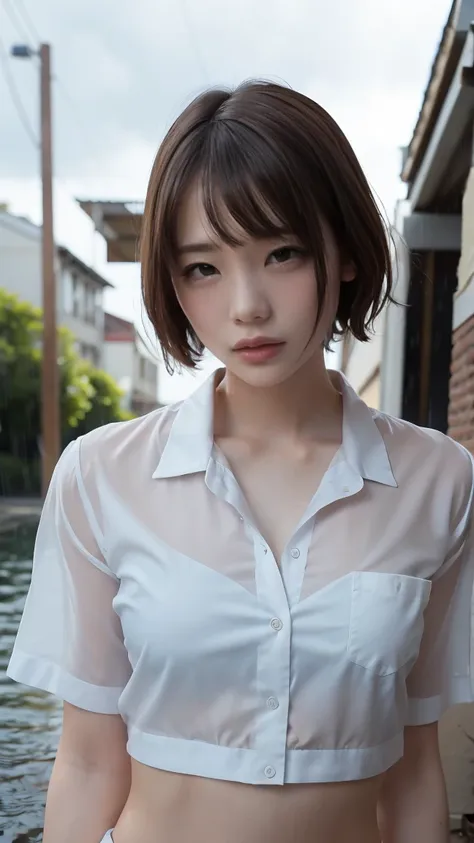 (one woman), short bob, 18 years old, japanese, brown eyes, brown hair, slim figure, flat chest, high school girl, school summer...