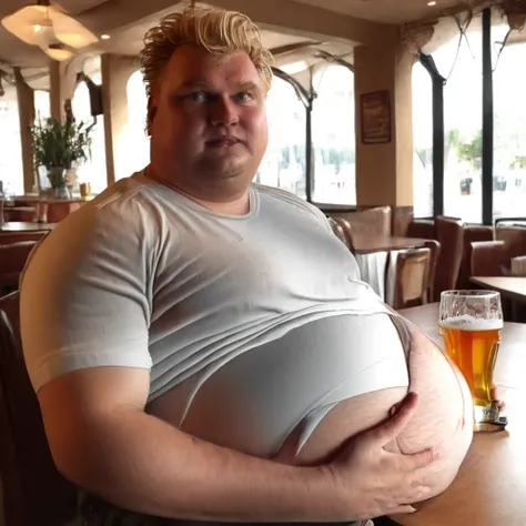 a handsome fat blonde man in a restaurant,1man,detailed facial features,detailed eyes,detailed lips,detailed nose,detailed face,extremely detailed facial features,beer belly,sitting at table,photorealistic,realistic,8k,detailed lighting,cinematic lighting,...