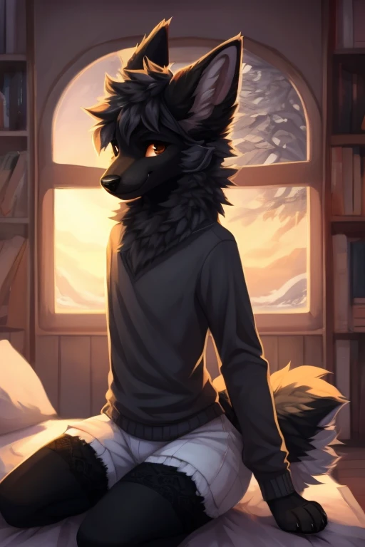  ((by reysi)),  Best quality, super detailed illustration, warm colors, Ideal lighting, (Fluffy boy dog:1.6), (Black fur:1.5) ,feminine face and body, disheveled thick gray hair, short shorts, long black stockings, Long-sleeved sweater, in a cosy room, smu...