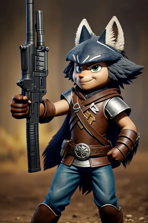 Cartoon character "Warrior Wolf" for young children holding a gun