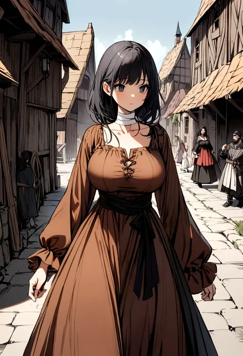 A girl with light skin, black eyes and black hair, wearing a medieval village dress with big breasts He wore bandages on her neck and arms.  walking through a town in a kingdom