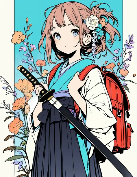 ultra-detailed:1.3, ultra delicate and detailed face:1.3, (absurdres, texture, masterpiece), cowboy shot, vibrant colors and pose, pixiv contest winner, by Posuka Demizu, dynamic manga-style illustration of slender girl wearing mix of traditional Japanese ...