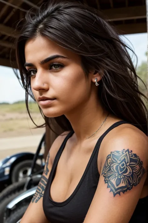 A tough-looking college-age girl with dark brown messy hair, and fair skin, has a nose piercing, an eyebrow piercing, three ear piercings in both ears, tattoos on her arm, and works as a mechanic