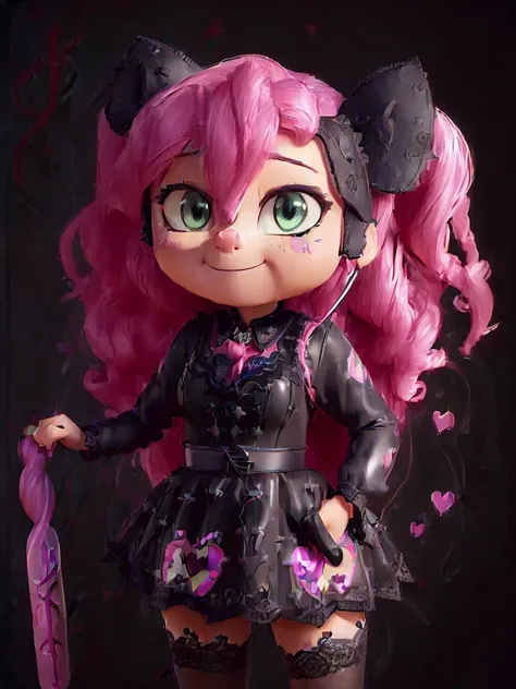 (((disney style))), (((Fluttershy))), goth, ((my little pony)), (((detailed eyes))), (((mismatched stockings with heart print))), big perky butt, (voluptuous medium-large breasts), bra with print, serious dominant face, ((long goth lace dress)), ((black ey...