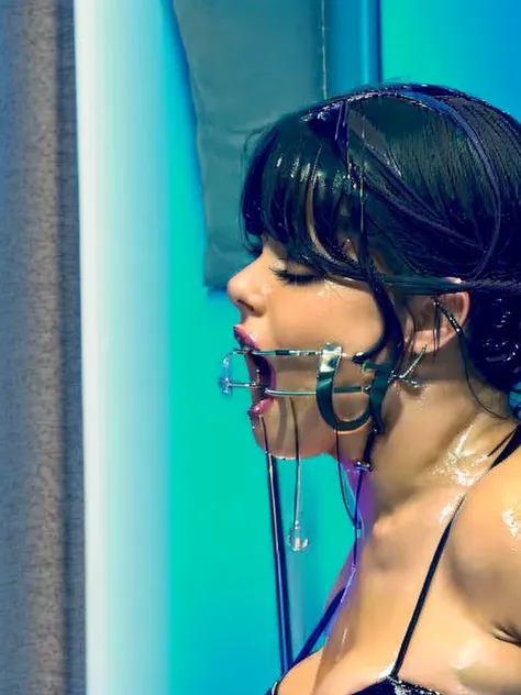  (Camila Cabello, bdsm, bondage, drool dripping, drool dangling,) cleavage, 8k, drool all over chest, drooling, realistic, dripping wet, medium breasts, drool all over face, corset, perfect body, smooth skin, pleading eyes, lots of drool, sweating, saliva ...