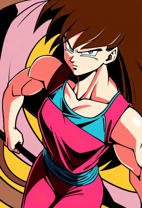 80s dragon ball style, slender , short, saiyan woman, long brown hair with bangs, blue eyes, mokey tail, determined look, flashy 80s clothes