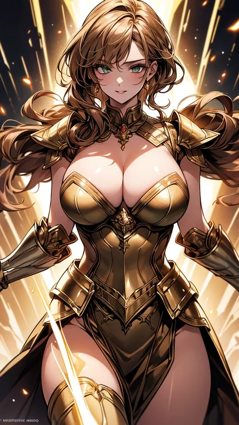 Highest image quality，Outstanding details，Ultra-high resolution，4K image, assembly, best quality, masterpiece, movie lighting ，Sexy，Huge breasts，cleavage，action，In battle，light beam from hand，Golden lightning surrounds，Brown curls，Green eyes，Lipstick，Gold ...