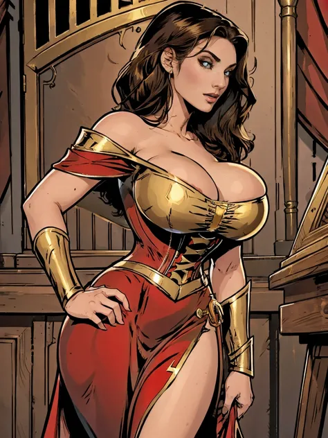 Gorgeous and sultry busty athletic (thin) brunette with sharp facial features and (huge boobs) wearing a red dress, corset, gold trim, sorceress attire