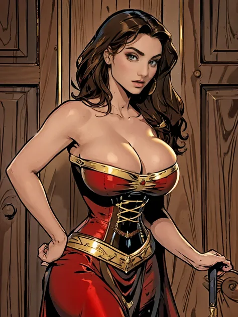 Gorgeous and sultry busty athletic (thin) brunette with sharp facial features and (huge boobs) wearing a red dress, corset, gold trim, sorceress attire