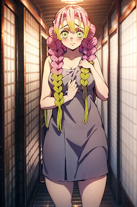 A girl , in a bathroom covering his body with a towel, with embarrassed expression, blushing, looking left, swooping camera view, one hand on the chest and the other on the crotch, complex 4 vanishing point perspective.