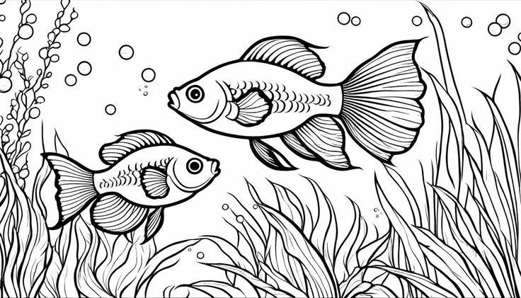 Guppy fishes in aquarium, cartoon, ,Coloring Book, ColoringBookAF,