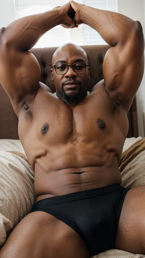 African, muscular, big strong man breasts, huge thick thighs, big strong arms, tight pants, extremely huge bulge between the legs, daddy, bald, glasses, lying down, legs open