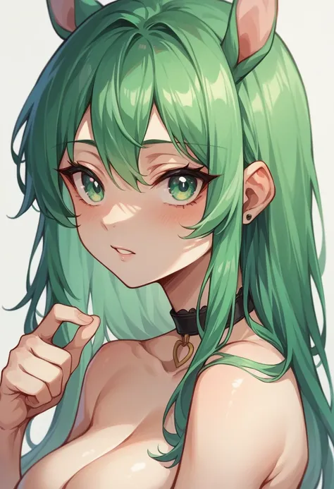 nsfw,1girl,green hair,light green eyes,horse&#39;s ears,horse tail,curly medium short hair,square glasses,wearing a large white ...