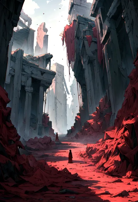 A row of weathered ruins stands in a world after civilization has collapsed.,A standing there,Red long clothes, a lot of flying red clothes, high quality, 8k