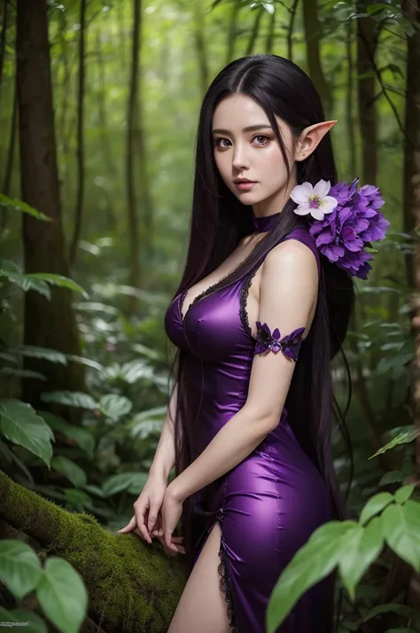 a woman with long purple hair and a black dress poses in the forest, extremely detailed artistic germ, High quality 8k detailed art, fantasy art style, a sexy maid in a magical forest, seductive anime girl, succubus in short tight dress, artgerm style, elf...