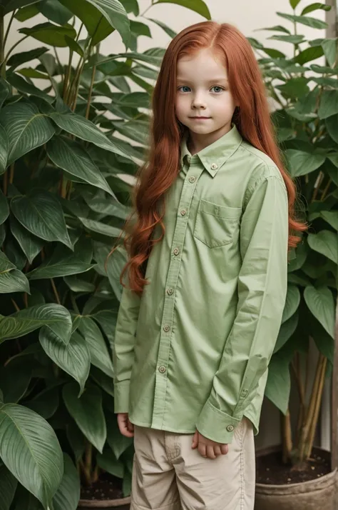 a young boy, pastel green color. slightly long red hair. red button-down long-sleeved shirt, and several plants around it 