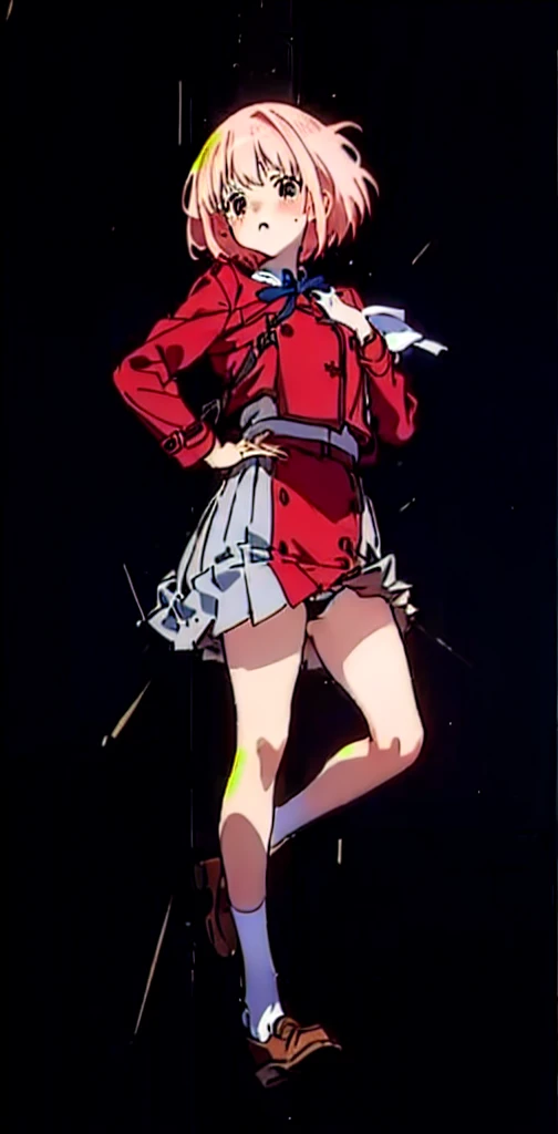 Anime girl in a red coat and skirt, Lift up your skirt、Blushing、Showing panties、Pull up your skirt、Short Hair