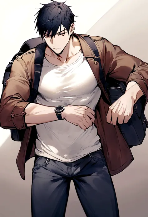 side，whole body，Lin Nanke is wearing a simple white T-shirt，With dark blue jeans，Over a frayed brown leather jacket。He was carrying a black backpack，Wearing a black watch on the wrist。