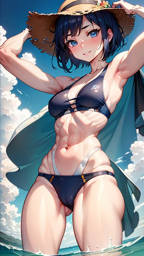 highest quality、Realistic、female、zoom、Chestnut Hair、Blue Eyes、short hair、athlete、muscle、Swimwear、athlete、muscle、Abdominal muscles、Glasses、Sunburned、Tan、Brown Skin、From below、smile、Ocean、Looking down、、Small breasts、Bust Shot、　