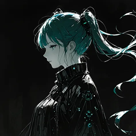 Harry Clarke style,(Ashley Wood Style:1.4), (Double exposure:1.4)、Hatsune Miku