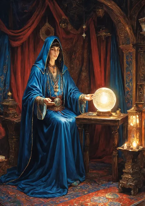 A fortune teller with a charming, beautiful and mysterious atmosphere. The fortuneteller wears a blue cloak and has a good-looking, well-formed face. The atmosphere is bright and shimmering, with an air of uncertainty and anticipation. The fortuneteller is...