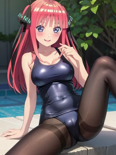 masterpiece, best quality, insanely detailed, beautiful, nino nakano, one-piece swimsuit, breasts, pantyhose, blush, smile, legs spread