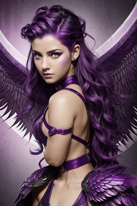 a girl with a purple Medusa cut and dark purple roots, color 312f37 and has red wings, her gift is fierce wings and with a hero uniform, purple eyes and white skin. 