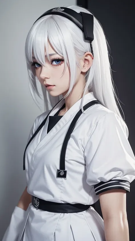 Female satoru gojou, white hair, short spikey hair, white eyelash, wearing seifuku, highly detailed picture, best art