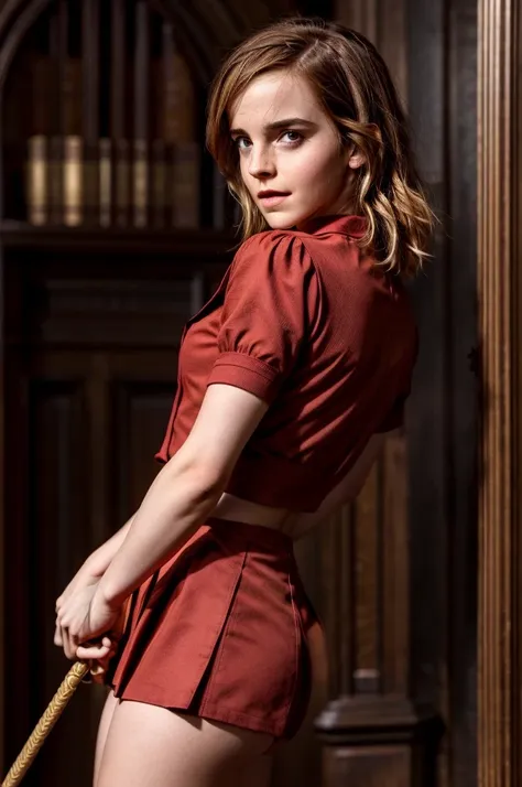 emma watson, gryffindor uniform, holding bdsm whip, top unbuttoned, short sleeve, perky ass