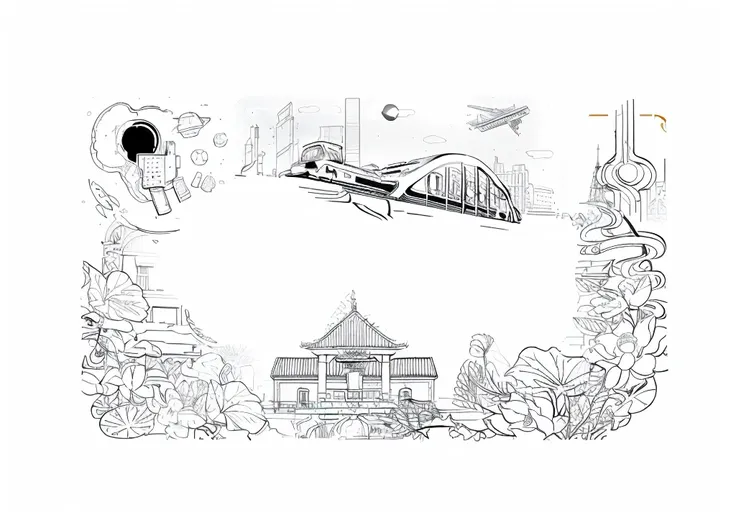 Sketch of a train and a building with a clock, Very detailed illustrations, Full-page illustrations, Coloring Book, Cartoon city line drawing, Clean ink and delicate line drawing, Illustration black outline, Very detailed lines, line art colouring page, Il...