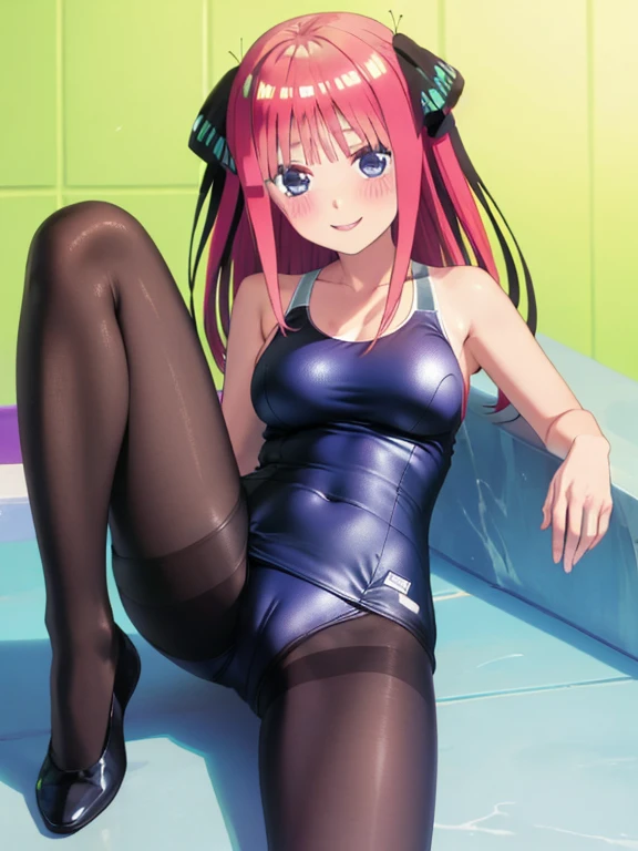 masterpiece, best quality, insanely detailed, beautiful, nino nakano, one-piece swimsuit, breasts, pantyhose, blush, smile, legs spread