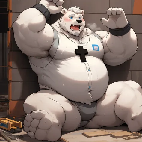 masterpiece, best quality, 8k resolution, Very detailed, hairy，(((polar bear))，(((Mature)))，(((beard))),(((Strong)))，(((Blue Eyes))),(((White hair all over body)))，(((portrait)))，(((White hair)))，(((Construction Site)))，For the audience，(((White vest))),((...