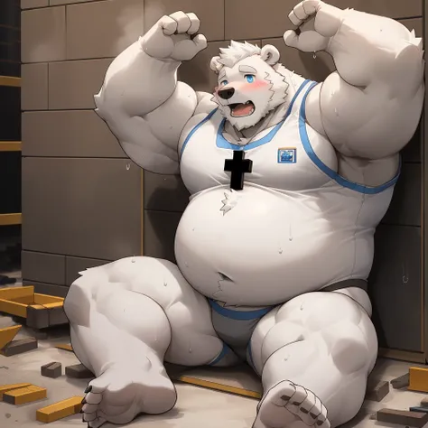 masterpiece, best quality, 8k resolution, Very detailed, hairy，(((polar bear))，(((Mature)))，(((beard))),(((Strong)))，(((Blue Eyes))),(((White hair all over body)))，(((portrait)))，(((White hair)))，(((Construction Site)))，For the audience，(((White vest))),((...