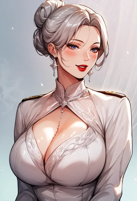 Hot sexy beautiful one women,  long silver chandelier earrings,big breasts, ,grey hair ,  hair bun,blush,blue eyes, smiling,red lipstick, military uniform 