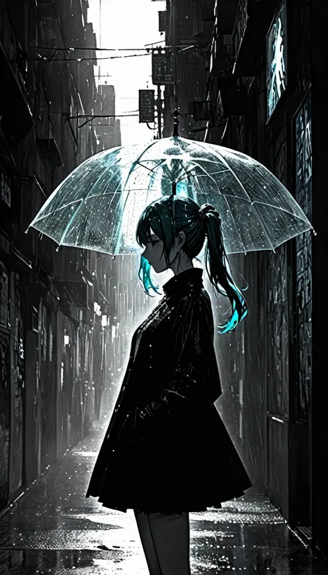 Harry Clarke style,(Ashley Wood Style:1.4), (Double exposure:1.4)、rain、Light、fantasy、Song、Hatsune Miku