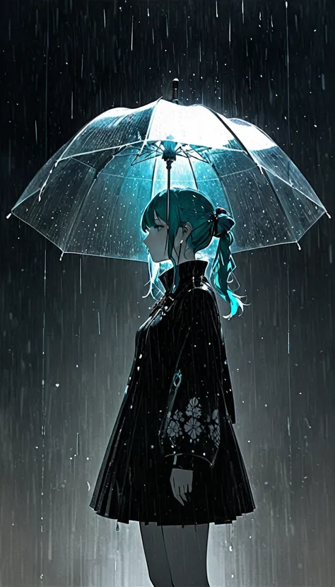 Harry Clarke style,(Ashley Wood Style:1.4), (Double exposure:1.4)、rain、Light、fantasy、Song、Hatsune Miku