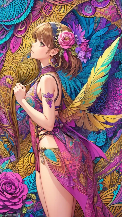 (1girl, solo, from side), extremely detailed, (abstract background, zentangle, fractal art:1.3), (many colors, colorful:1.1), (feathers, petals, flowers:1.3), dynamic pose, earrings