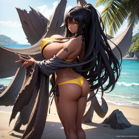 1girl, detailed face, detailed eyes, long hair, black hair, dark-skinned female, yellow eyes, serious, standing, huge ass, huge breasts, bikini, string bikini, outdoors, beach