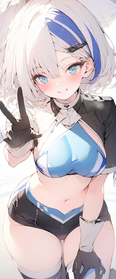 beautiful, masterpiece, Highest quality, anime, One girl, C Cup,Portrait Shot, View your viewers, Intricate details,>,((Covered、Short Hair、nearby、Blue Eyes、art、、White hair,Blue streaked hair、wallpaper、、hairpin、smile、Thighs、navel、Plainer_Race Queen、Plainer_...