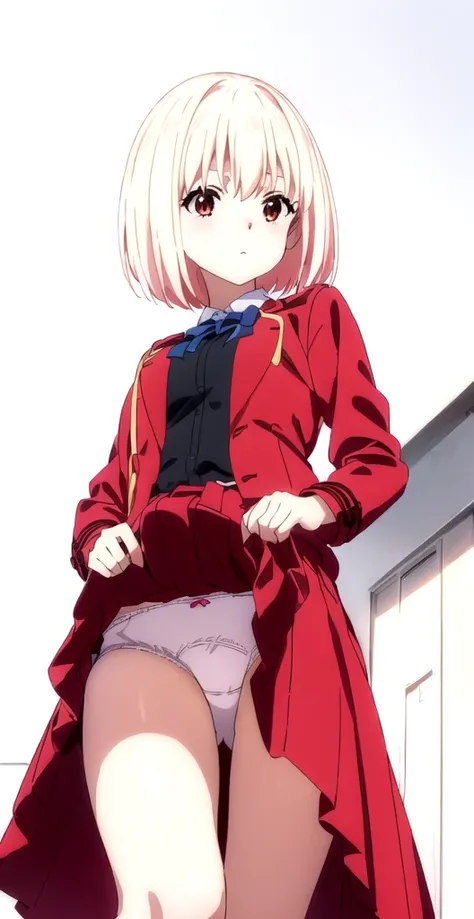 Showing panties、Anime girl in a red coat and skirt, Lift up your skirt、Blushing、Showing panties、Pull up your skirt、Short Hair