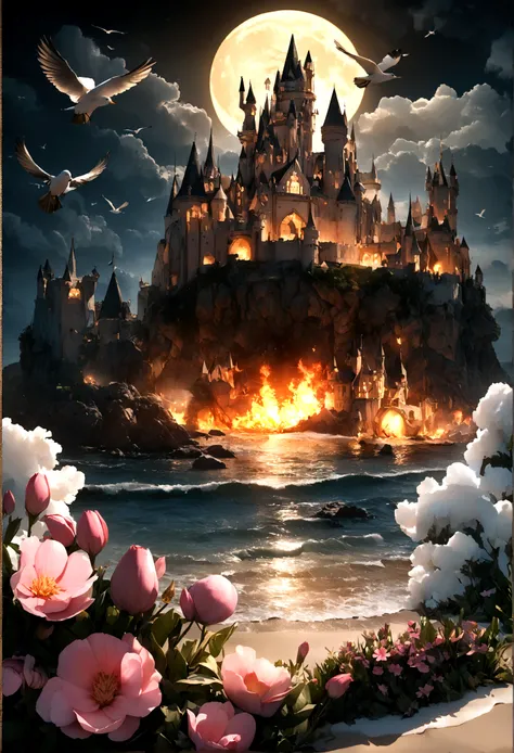 Castle, flowers, delicate scene, sky, white clouds, and sunlight shine on the snow-white beach. birds, pink flowers and bright big shells, diamond crystal, on the beach, fantasy, night sky, moon, smoke, fire, photo, HD, 8K, UHD, super detail, high quality,...